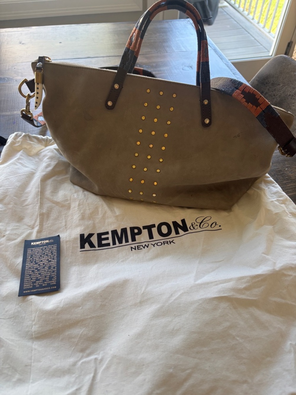 Kempton & Co. Taupe Leather Tote with Stud Accents and Patterned Strap